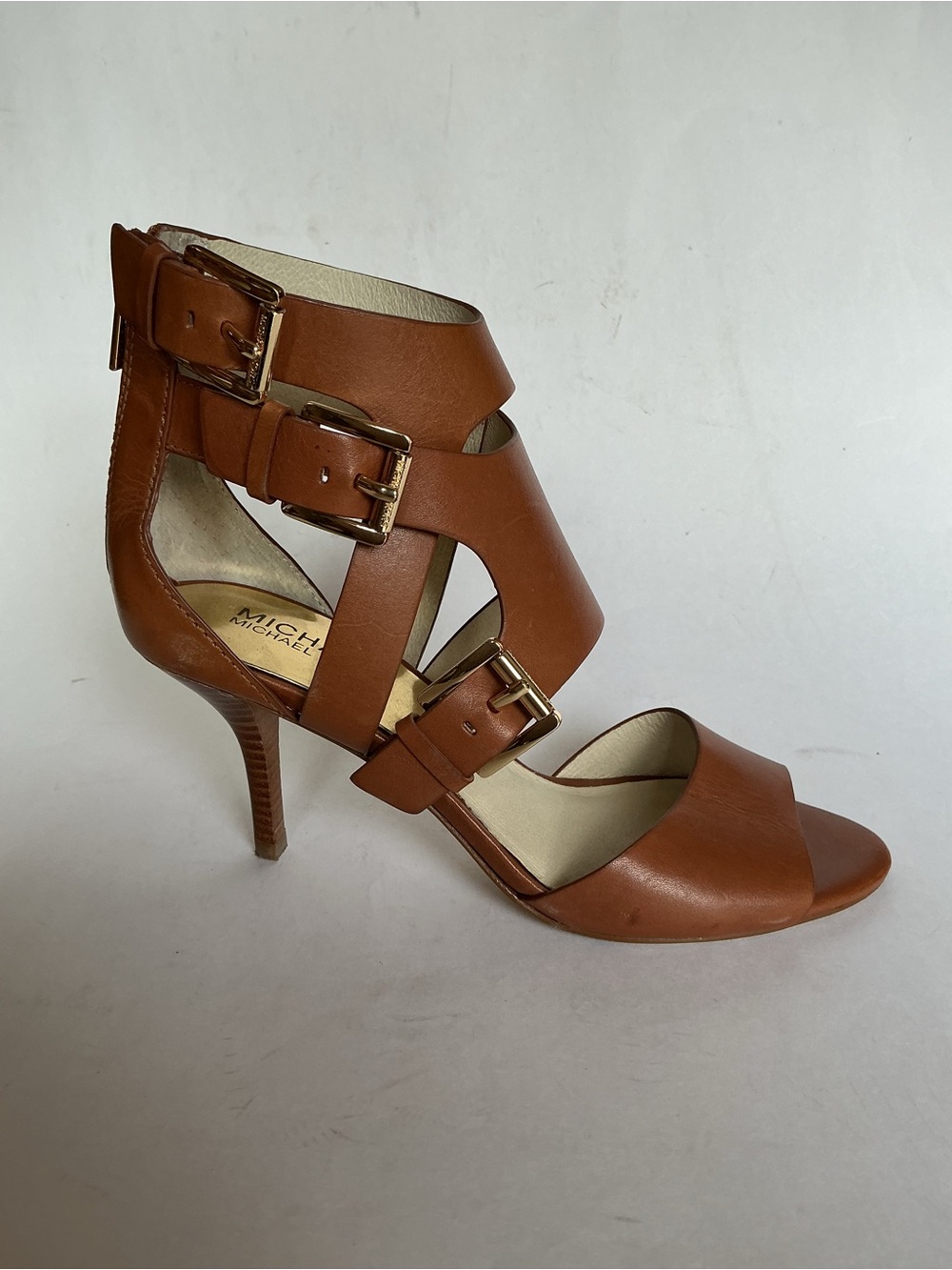 Michael Kors Lucinda Camel Brown Leather Peep Toe 3" Stiletto Heels